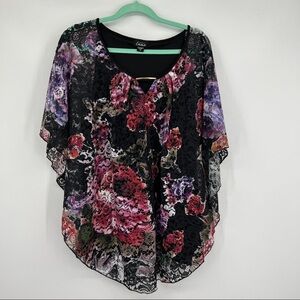 Simply Emma Floral Bar detail Roundneck Sheer Layered Flutter Sleeve Top Multi
